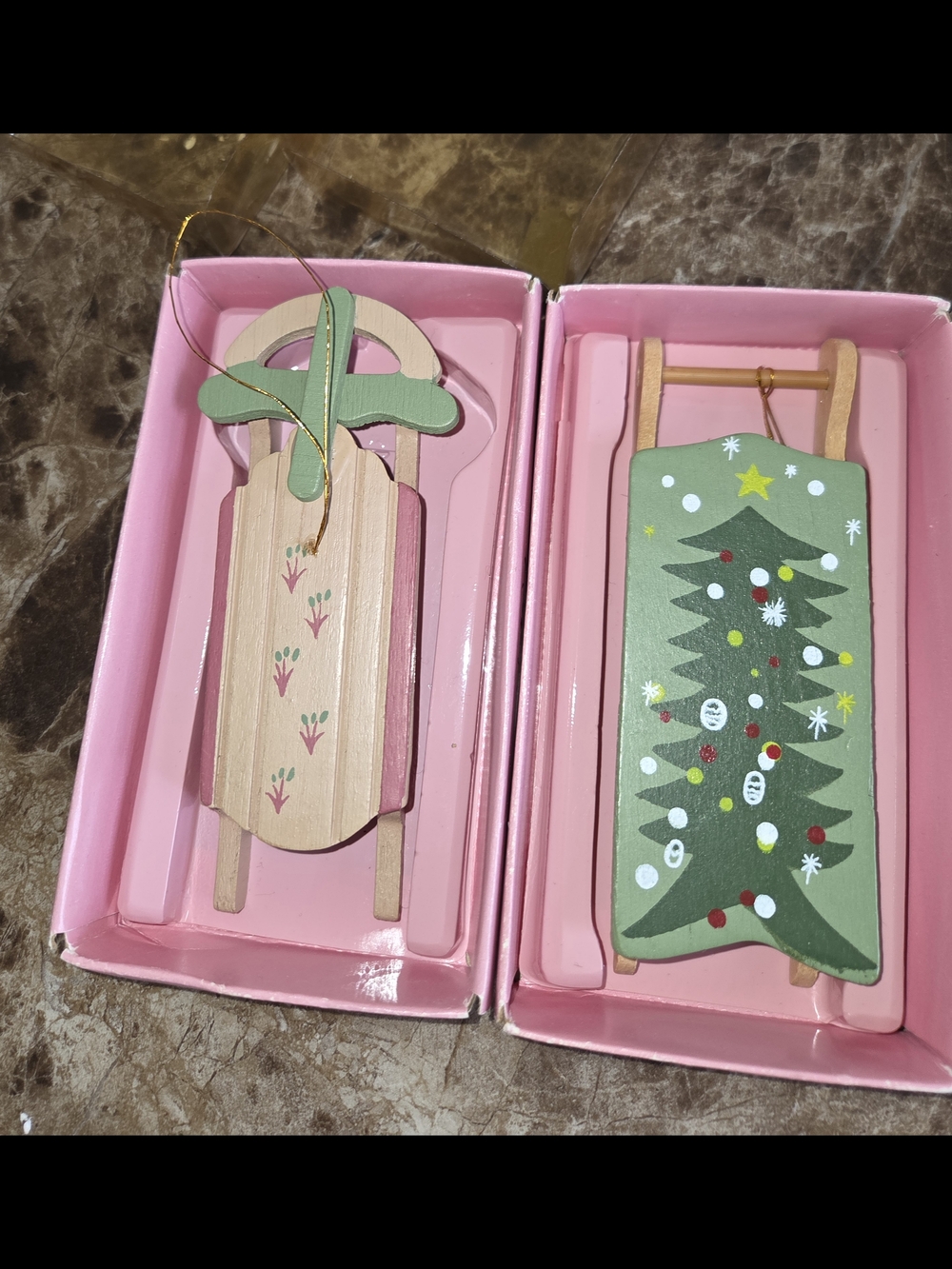 Vintage NIB handpainted Russ wood sled ornaments set of 2